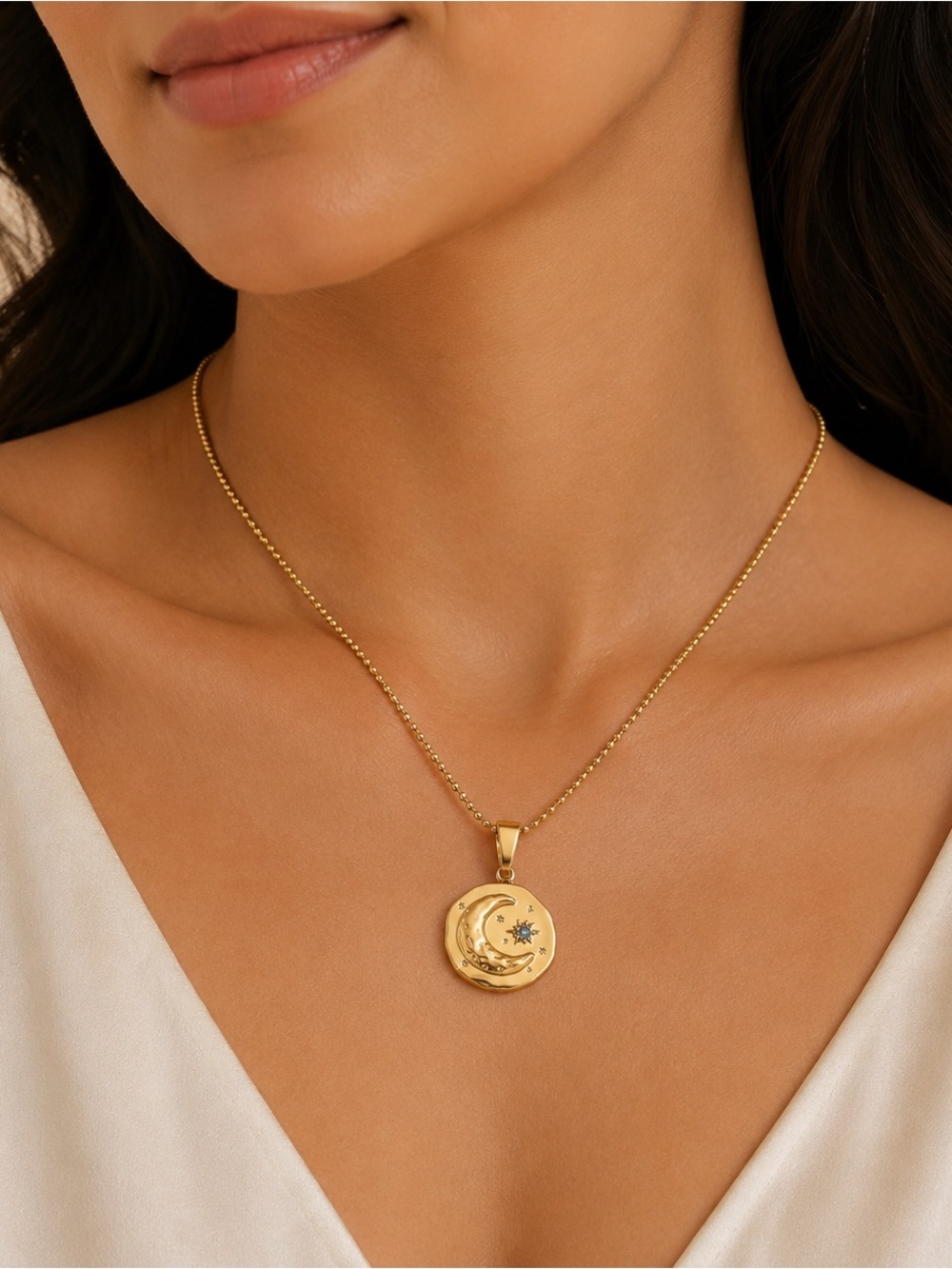 Gold Bohemian Crescent Moon & Star Medallion Necklace